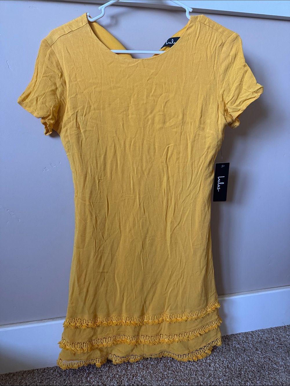 Lulus Yellow Short Sleeve Crochet-Hem Dress